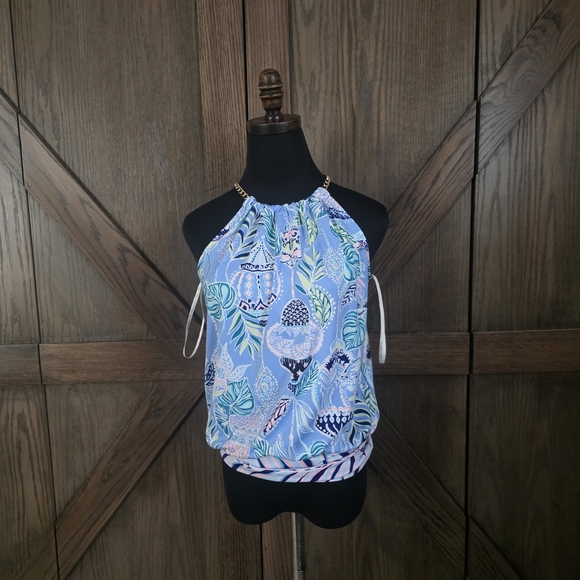 Lilly Pulitzer Tops - Lilly Pulitzer Blue and Pink Chain-Shoulder Tank Top
